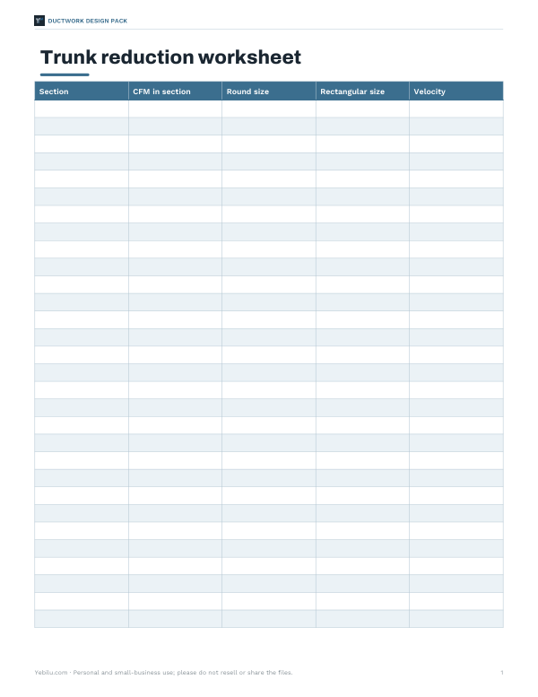 Preview of Printable Ductwork Trunk Reduction Worksheet